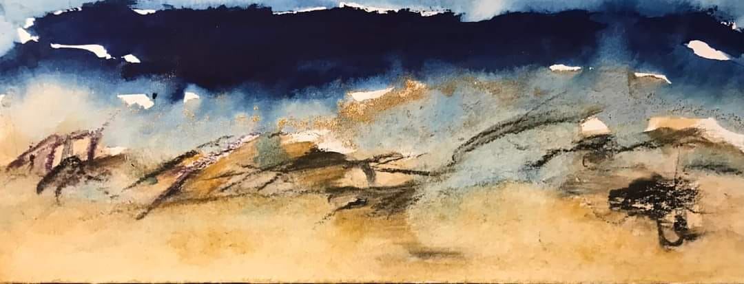 Laura Bottaro, "Landscape Blu + Oro '23", acquerello + carboncino 12x32 cm